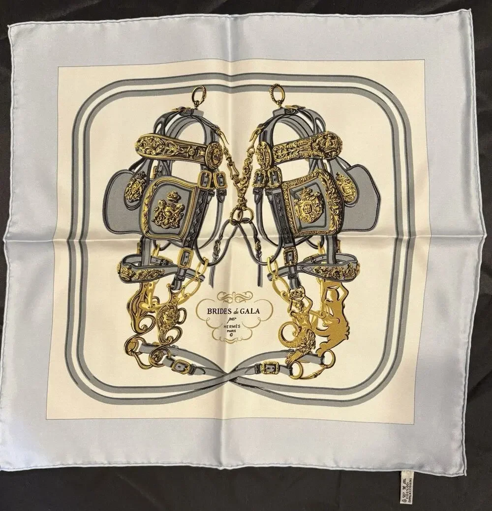 Hermès Pocket Square Silk Scarf Brides de Gala By Hugo Grygkar Lt Blue Gray New